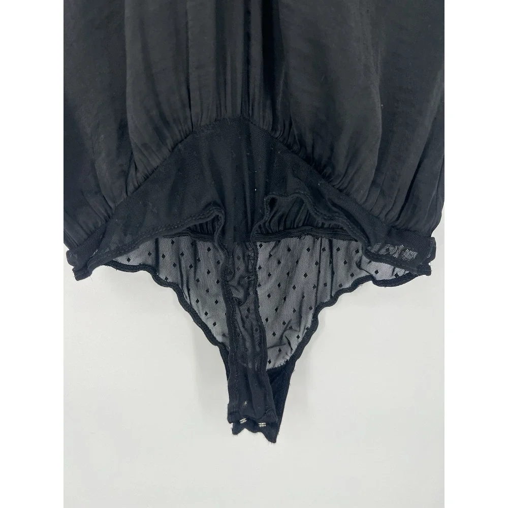 Free People Intimately sz SP Black‎ Lace Trim Dot Mesh Teddy Bodysuit
